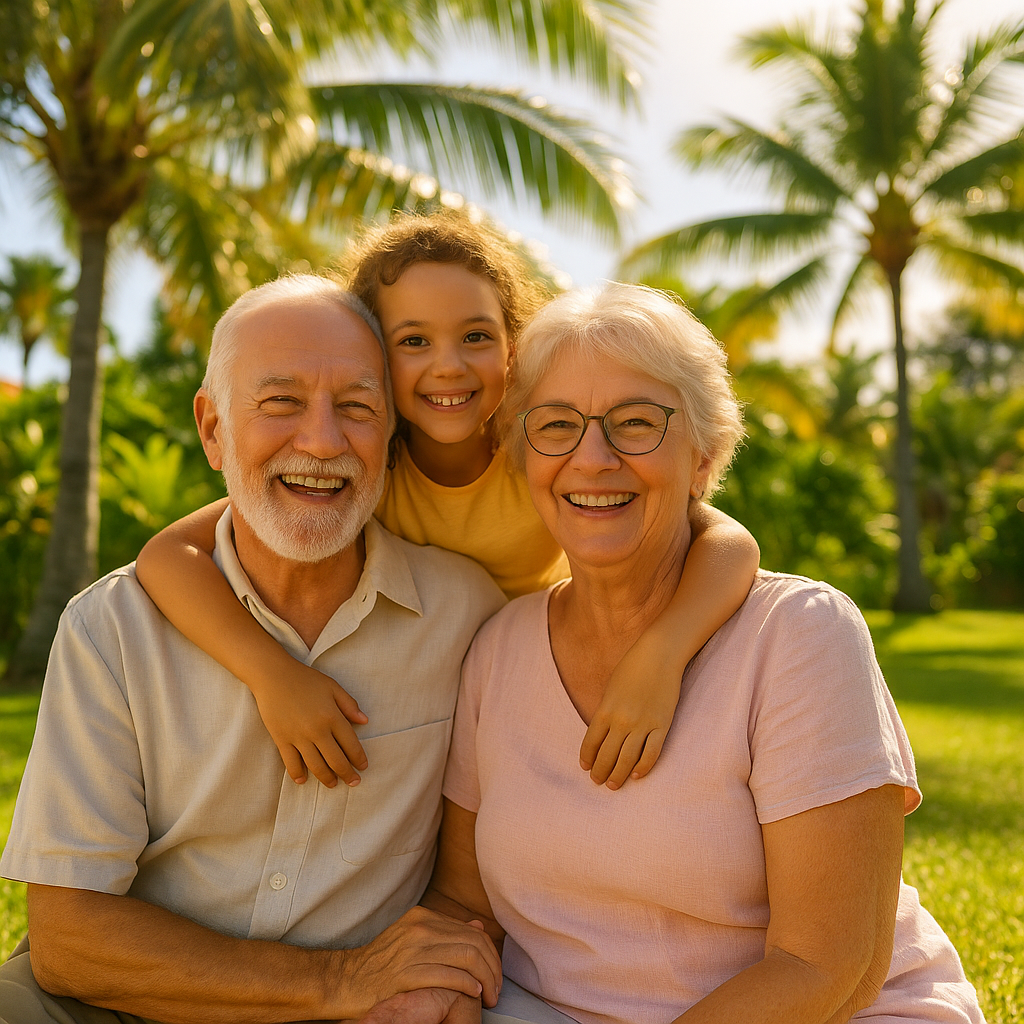 Happy grandparents with their granddaughter in a sunny Florida setting with palm trees, representing the multi-generational protection that comes with proper insurance coverage